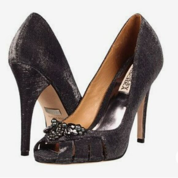 Badgley Mischa Monique Metallic Black Jeweled Peep Toe Heels Shoes Size 7.5 - Picture 1 of 14